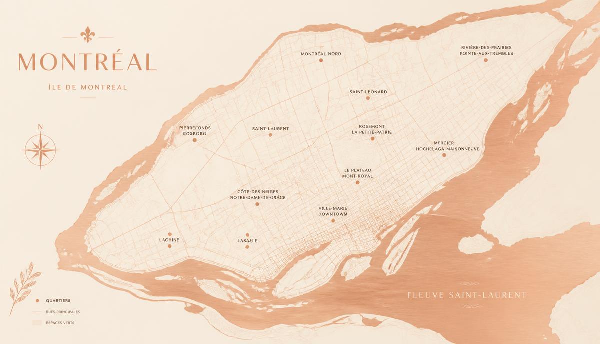 Stylized copper-toned map of the island of Montreal with our service zones
